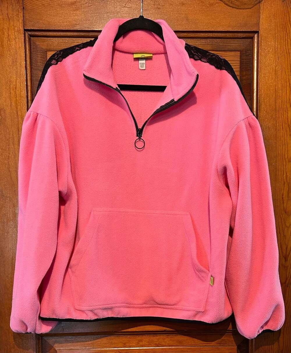 Lazy Oaf Half Zip Pullover Sweatshirt Size L Pink Black Lace Trim Fleece